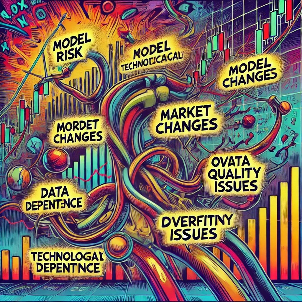 the challenges of quantitative trading, capturing elements like model risk, market changes, data quality issues, overfitting, and technological dependence 