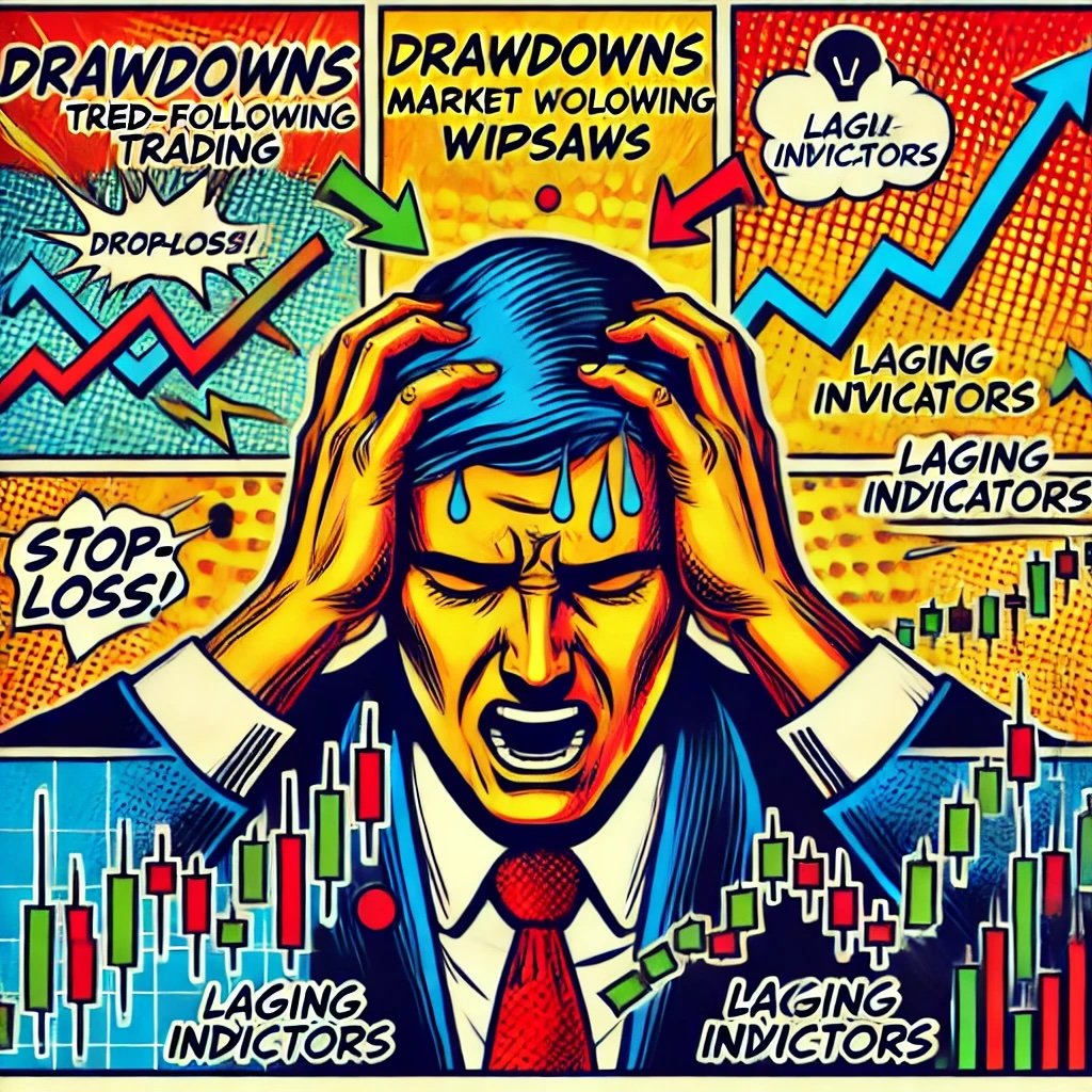 the challenges of trend-following trading, including elements like drawdowns, market whipsaws, lagging indicators, and psychological stress. The chaotic scene reflects the emotional stress and volatility traders face.