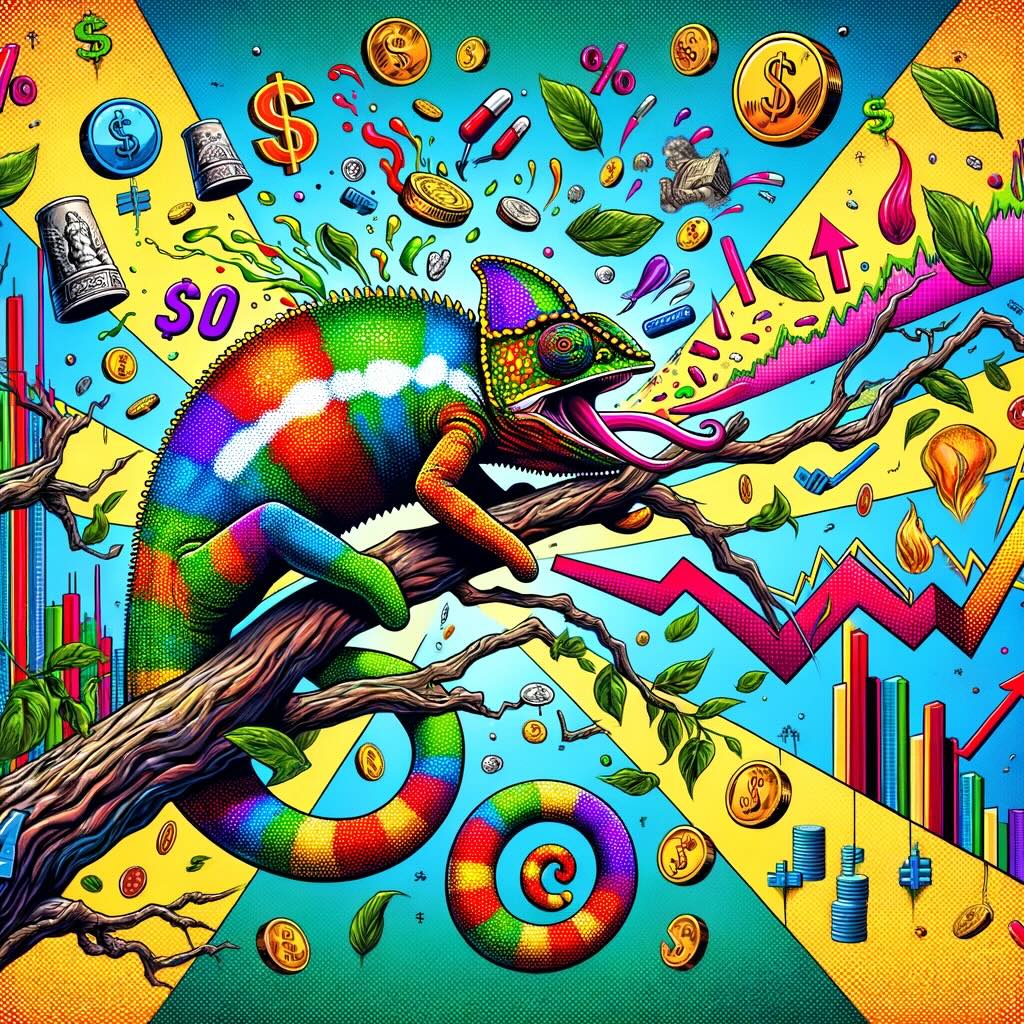 The Chameleon Portfolio," showcasing the adaptability in investing with a whimsical and vivid Pop Art style. The scene features a giant chameleon, skin adorned with financial symbols, adeptly snatching up various investment opportunities with its tongue, set against a backdrop filled with financial market chaos, all in eye-catching colors and exaggerated forms.