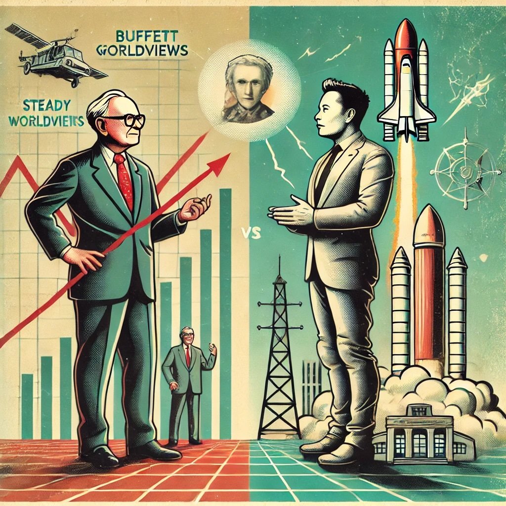 The Clash of Two Worldviews with Buffett depicted alongside a steady growth chart Opposite, Musk stands with a rocket launch, a futuristic city