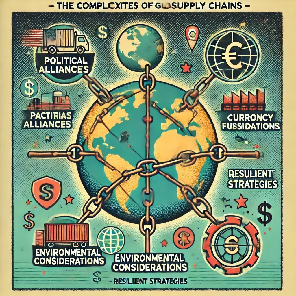 The Complexities of Global Supply Chains showcases a globe with interconnected pathways linking factories, cargo ships, and distribution hubs