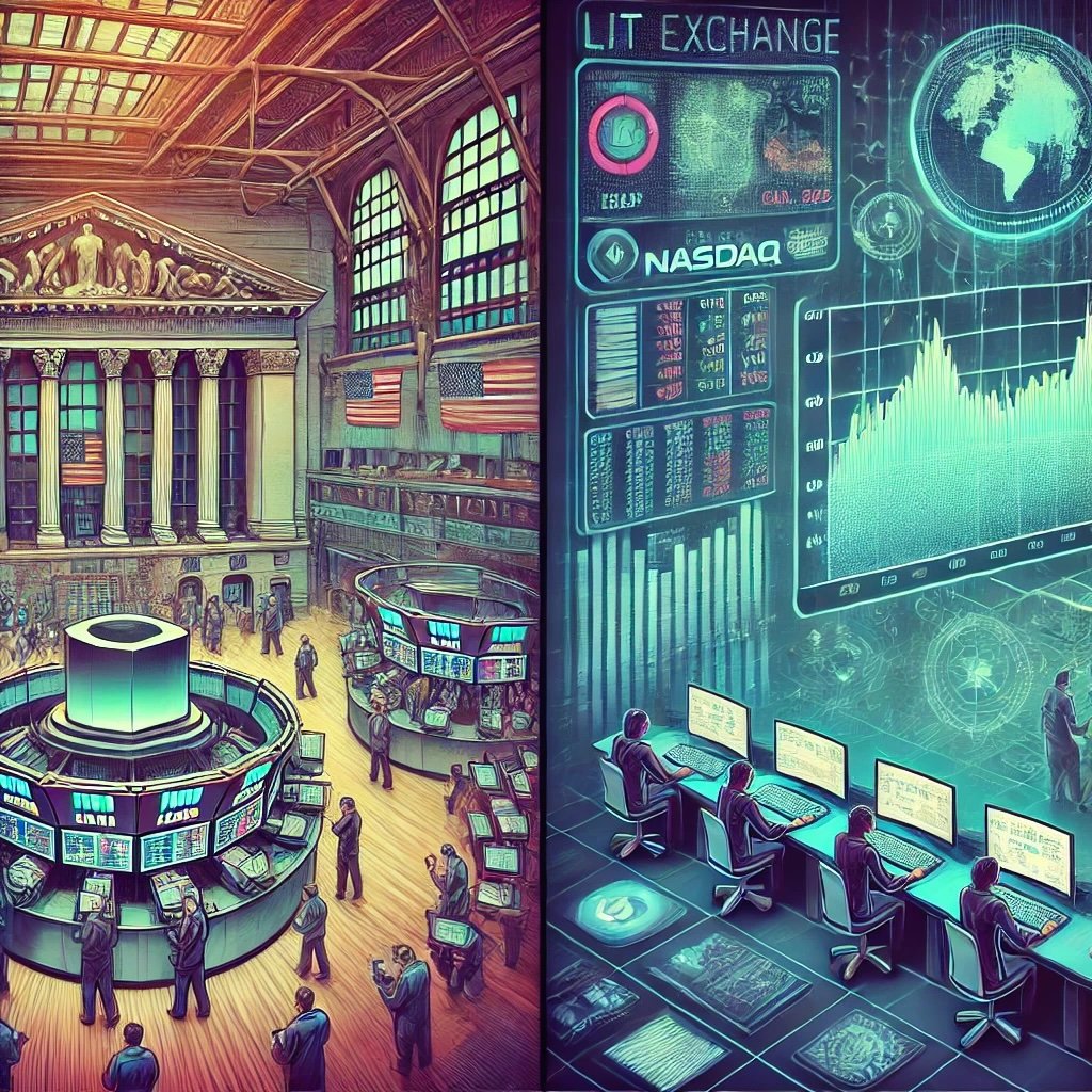 the concept of lit exchanges, combining the traditional trading floor with modern electronic market themes, emphasizing transparency and real-time visibility 