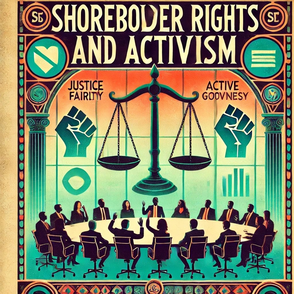 the concept of shareholder rights and activism in corporate governance poster highlights justice and transparency while capturing the retro vibe in a modern interpretation