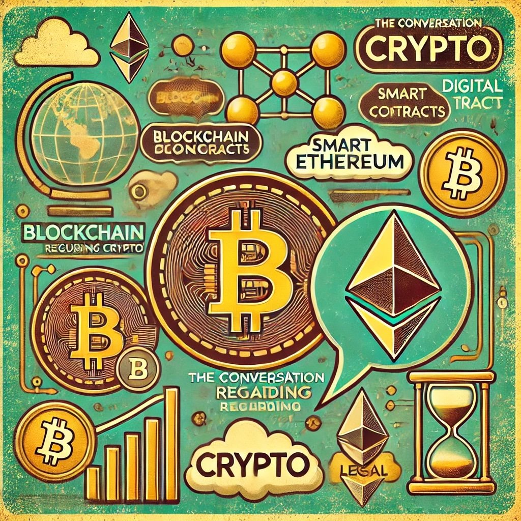 The Conversation Regarding Crypto captures the intricate debate between Bitcoin and Ethereum showcases blockchain networks, Bitcoin's "digital gold" narrative, Ethereum's smart contracts, and symbols of regulation and global impact, reflecting the dynamic and multifaceted nature of the cryptocurrency conversation