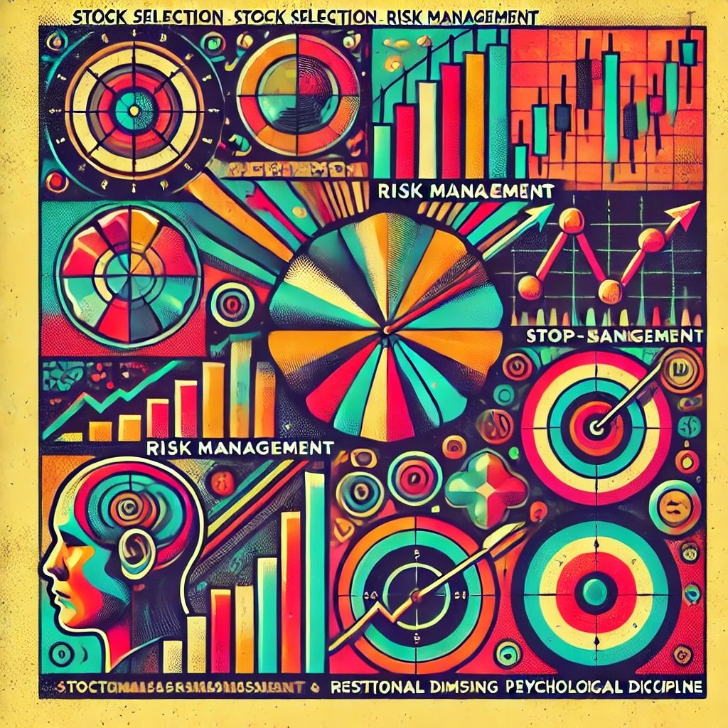 the core principles of Mark Minervini's trading strategy key concepts like stock selection, risk management, market timing, and psychological discipline capturing the dynamic nature of trading