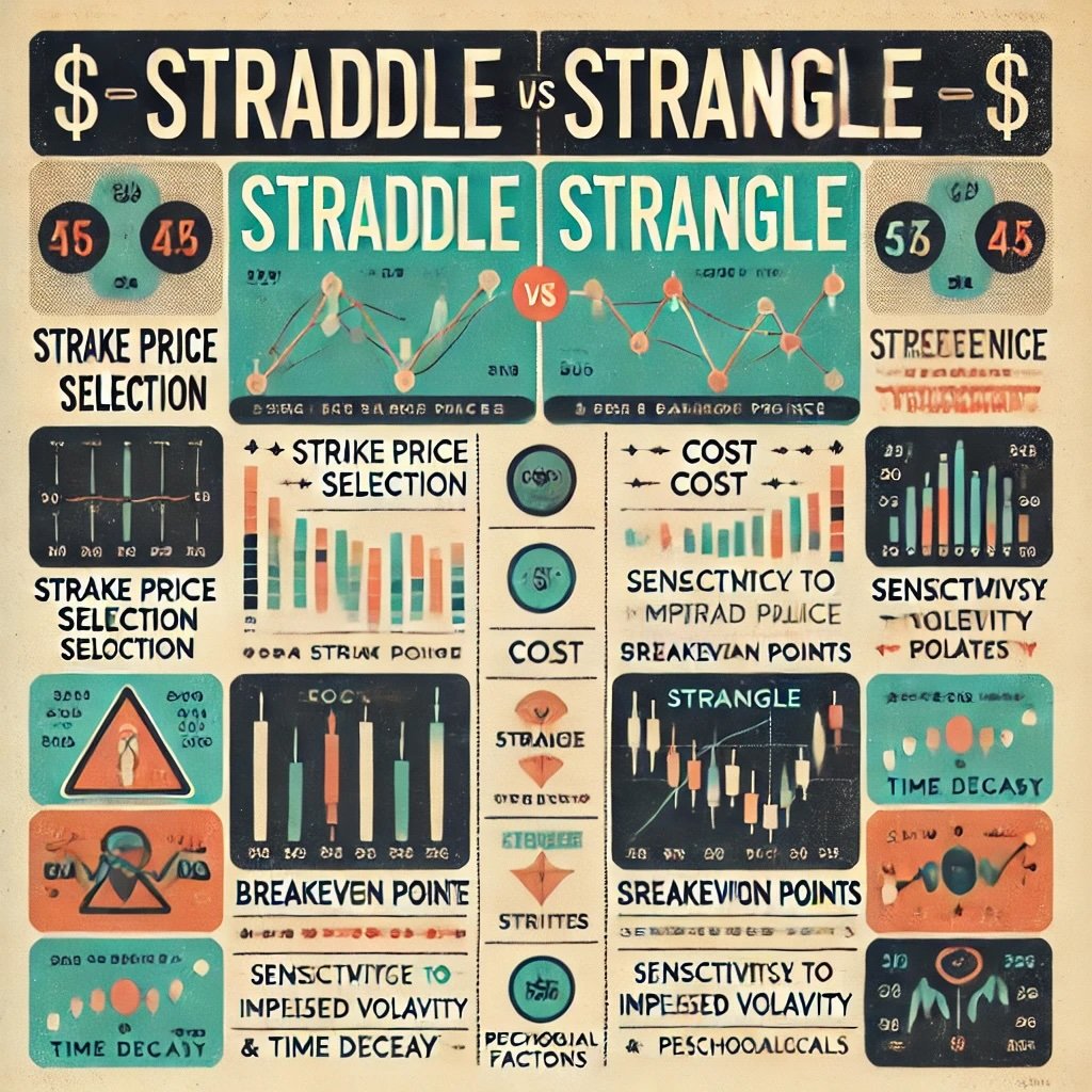 the differences between straddles and strangles in options trading, capturing their core mechanics, key metrics, and distinct advantages in a retro-inspired design. It effectively illustrates how strike price selection, cost, breakeven points, and implied volatility interact for each strategy, aiding in understanding their practical applications.