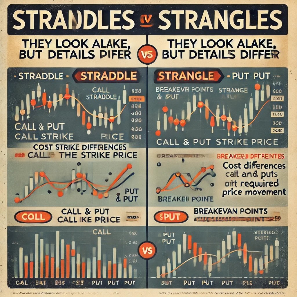 the differences between straddles and strangles in options trading using retro-styled aesthetics highlights strike price alignment for straddles and separated strikes for strangles, along with annotations on cost, breakeven points, and price movement requirements. The retro design and tagline, "They look alike, but details differ," emphasize the distinct strategies with clarity.