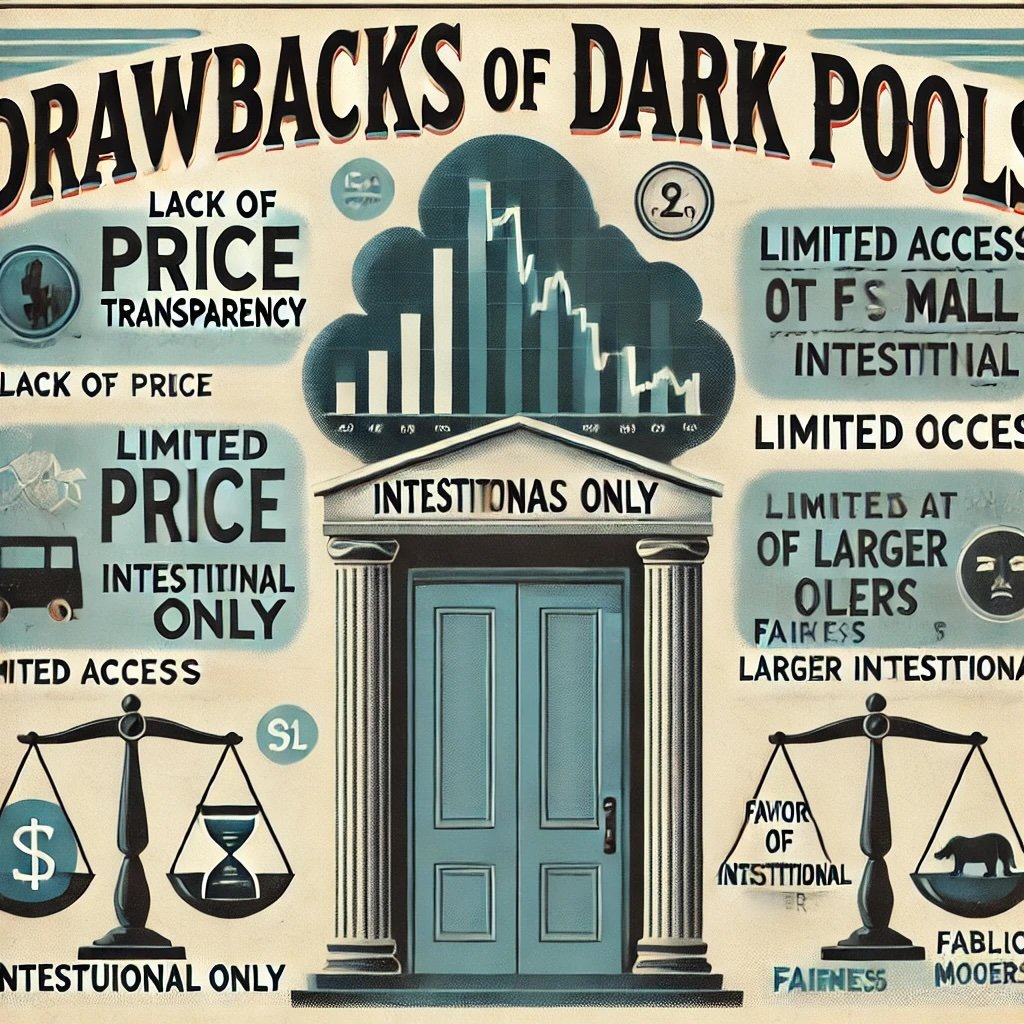 the drawbacks of dark pools in a retro-inspired style, emphasizing concepts like lack of transparency, limited retail access, and fairness concerns 