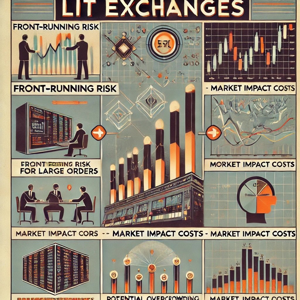 the drawbacks of lit exchanges, focusing on front-running risk, market impact costs, and potential overcrowding highlights large orders causing price spikes, high-frequency trading algorithms exploiting data, and a bustling trading floor with traders competing for visibility. The retro-inspired design underscores these challenges in a visually engaging and conceptually clear manner. 