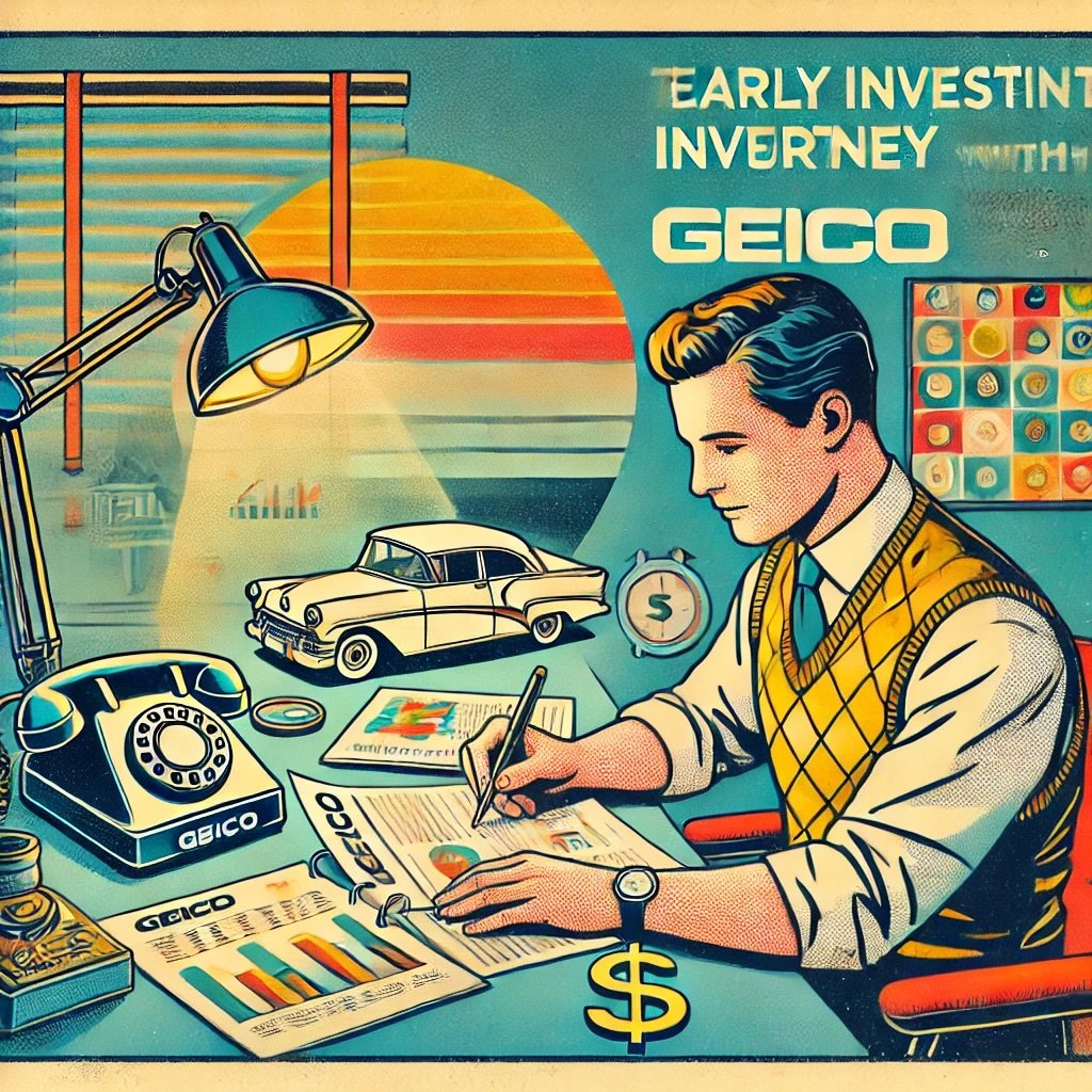 the early days of investment in GEICO, emphasizing the discovery of undervalued opportunities iconic mid-20th-century elements to illustrate journey in timeless aesthetic