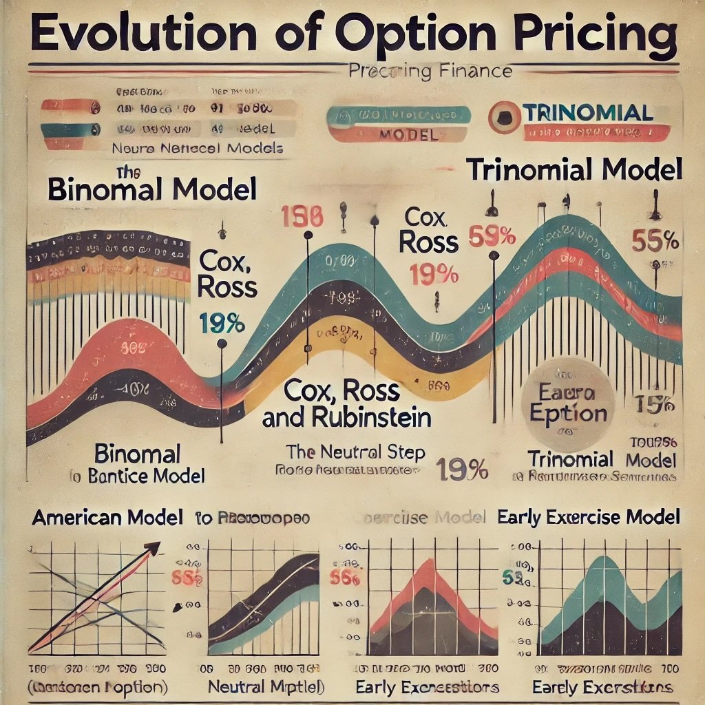 the evolution of lattice models in option pricing captures the timeline and nuances of these methodologies with a nostalgic and conceptual design