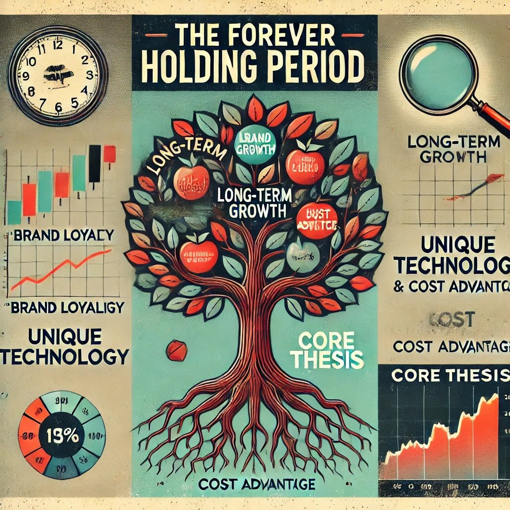 The Forever Holding Period tree labeled Long-Term Growth with roots representing Brand Loyalty, Unique Technology, and Cost Advantage encircled by a clock symbolizing time