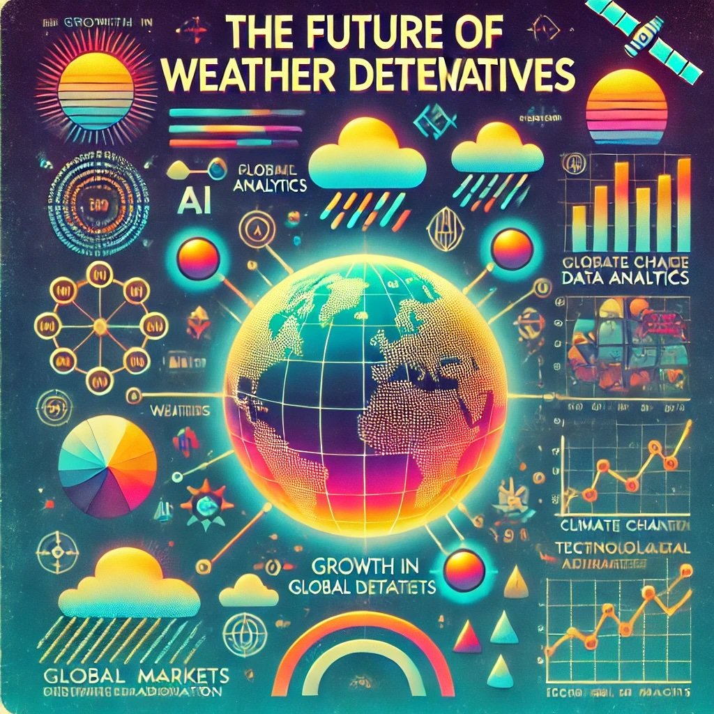 The Future of Weather Derivatives combining elements of futuristic data analytics, weather patterns, and financial systems in a neon aesthetic