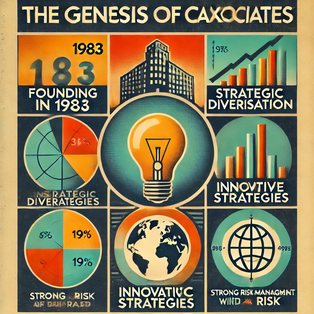 The Genesis of Caxton Associates featuring key concepts like its founding in 1983, strategic diversification, innovative strategies, and strong risk management 