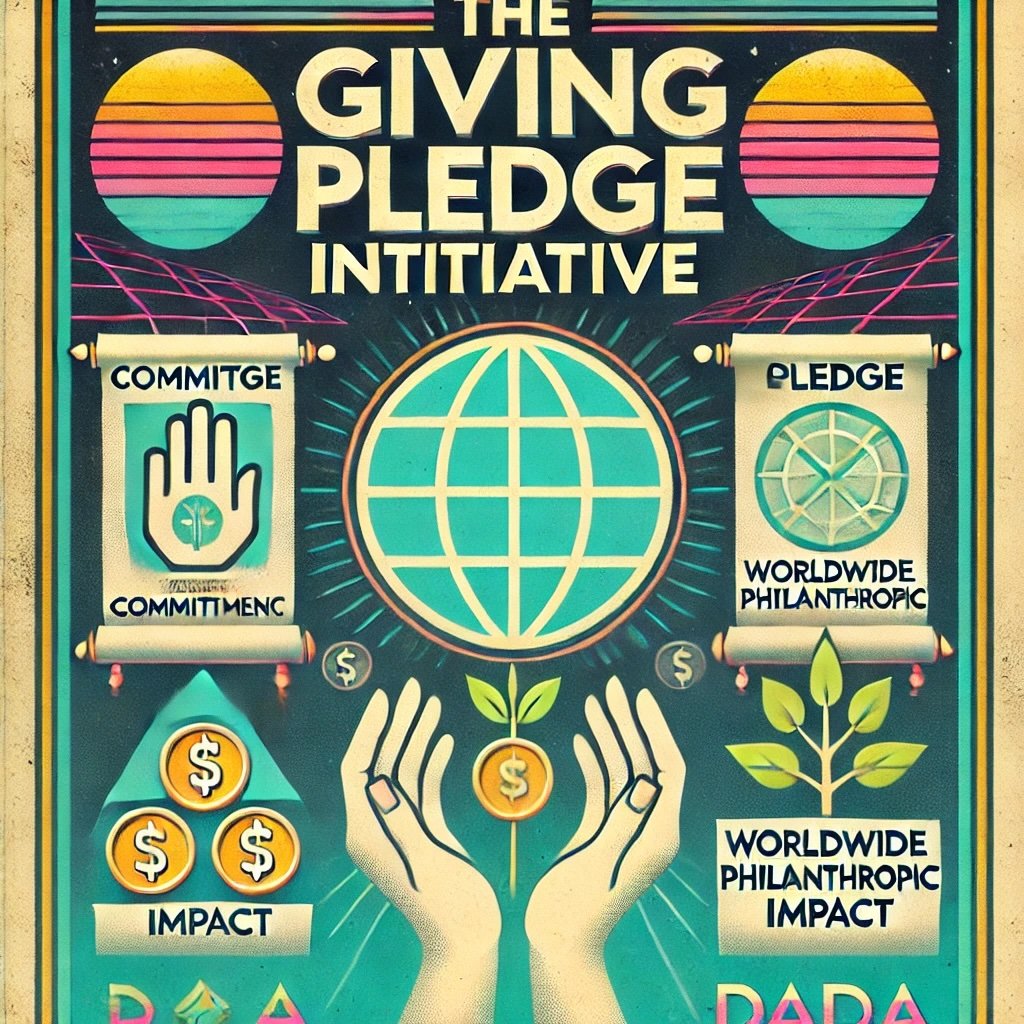 The Giving Pledge Initiative featuring a pledge scroll for commitment a globe with hands for global impact capturing the spirit of philanthropy and responsible wealth distribution