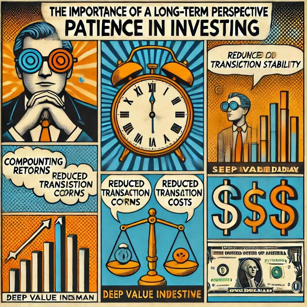 The Importance of a Long-Term Perspective Patience in Investing highlighting key concepts like compounding returns, reduced transaction costs and emotional stability