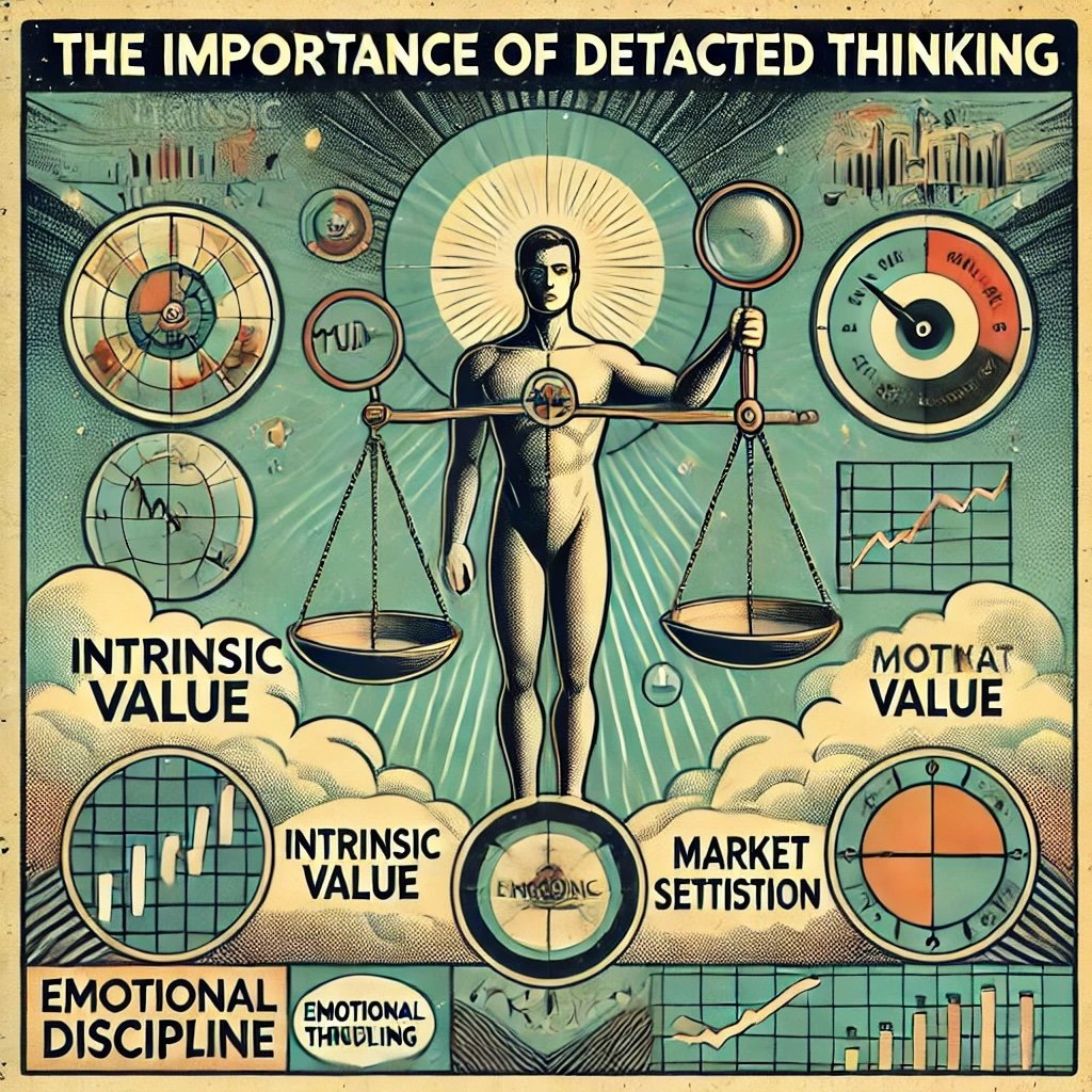 The Importance of Detached Thinking calm figure balancing scales labeled Intrinsic Value and Market Sentiment, surrounded by a storm of stock charts and news headlines