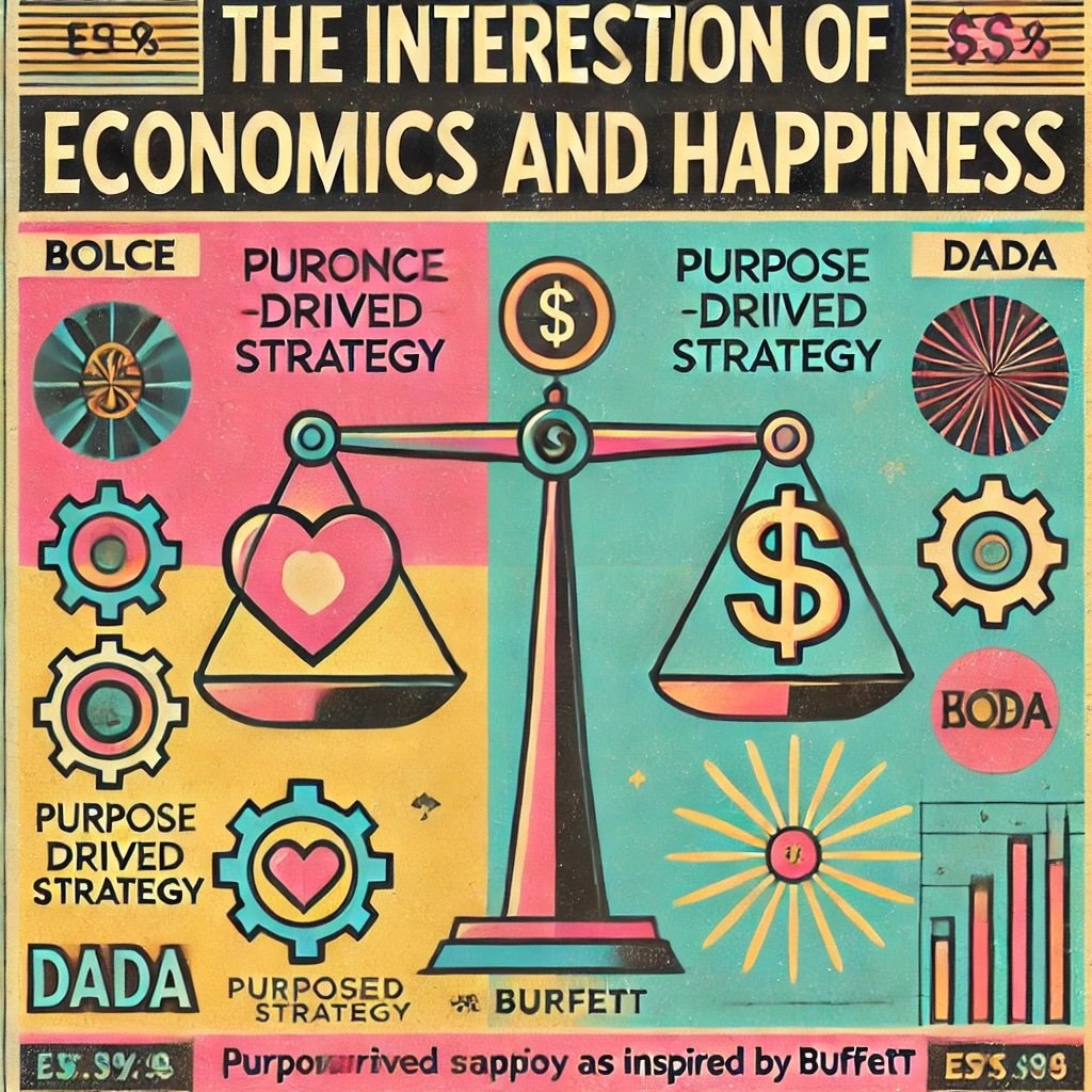 The Intersection of Economics and Happiness featuring a balance scale harmony between financial stability and personal fulfillment inspired by Warren Buffett's philosophy