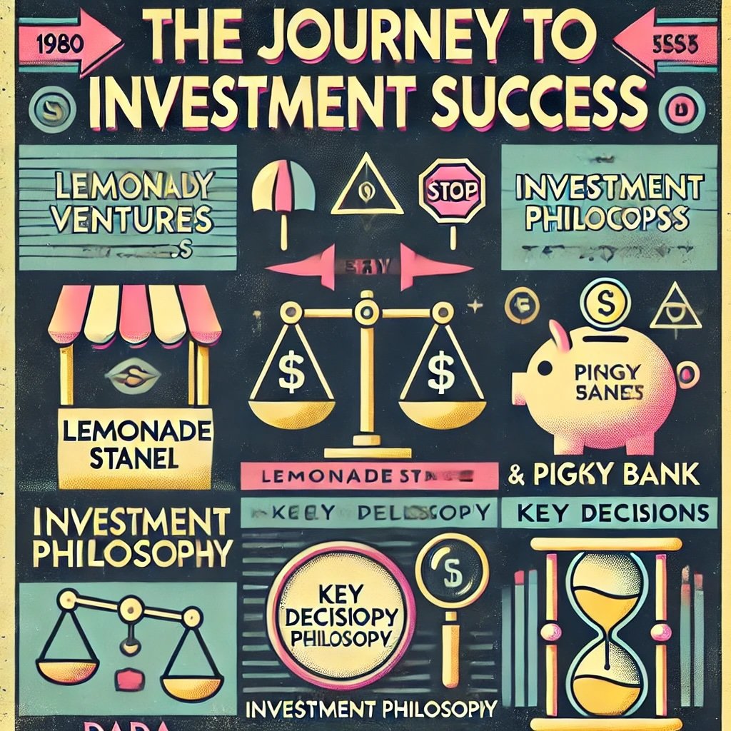 The Journey to Investment Success icons like a lemonade stand and piggy bank symbolizing early ventures look at the strategies of a legendary investor