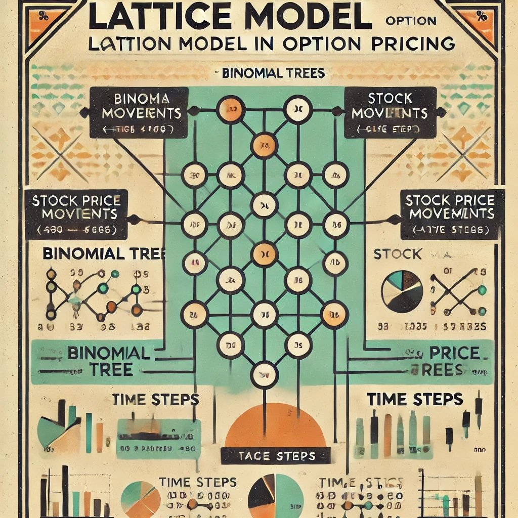 the Lattice Model in option pricing, blending vintage finance aesthetics with a conceptual lattice diagram for clarity