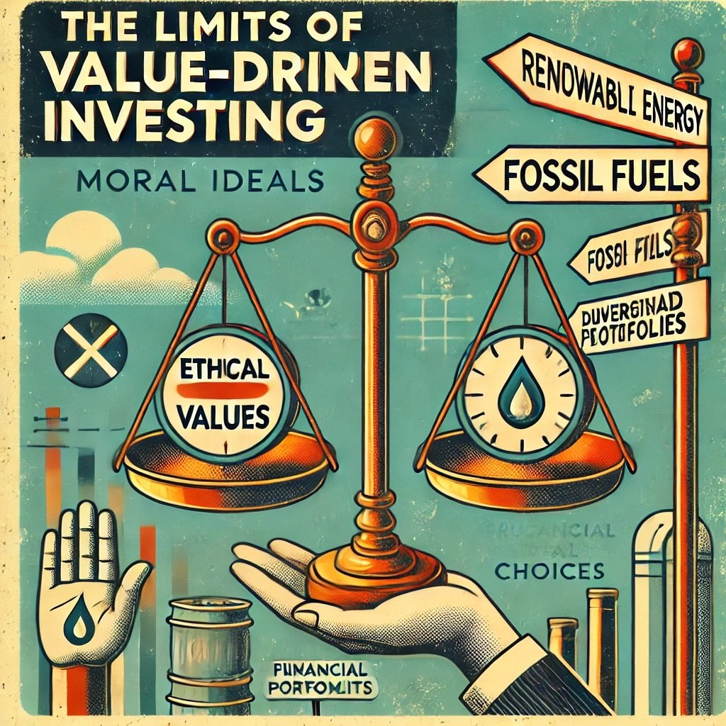 The Limits of Value-Driven Investing balance scale delicately tipping between Ethical Values and Financial Gains icons for renewable energy, fossil fuels, and diversified portfolios