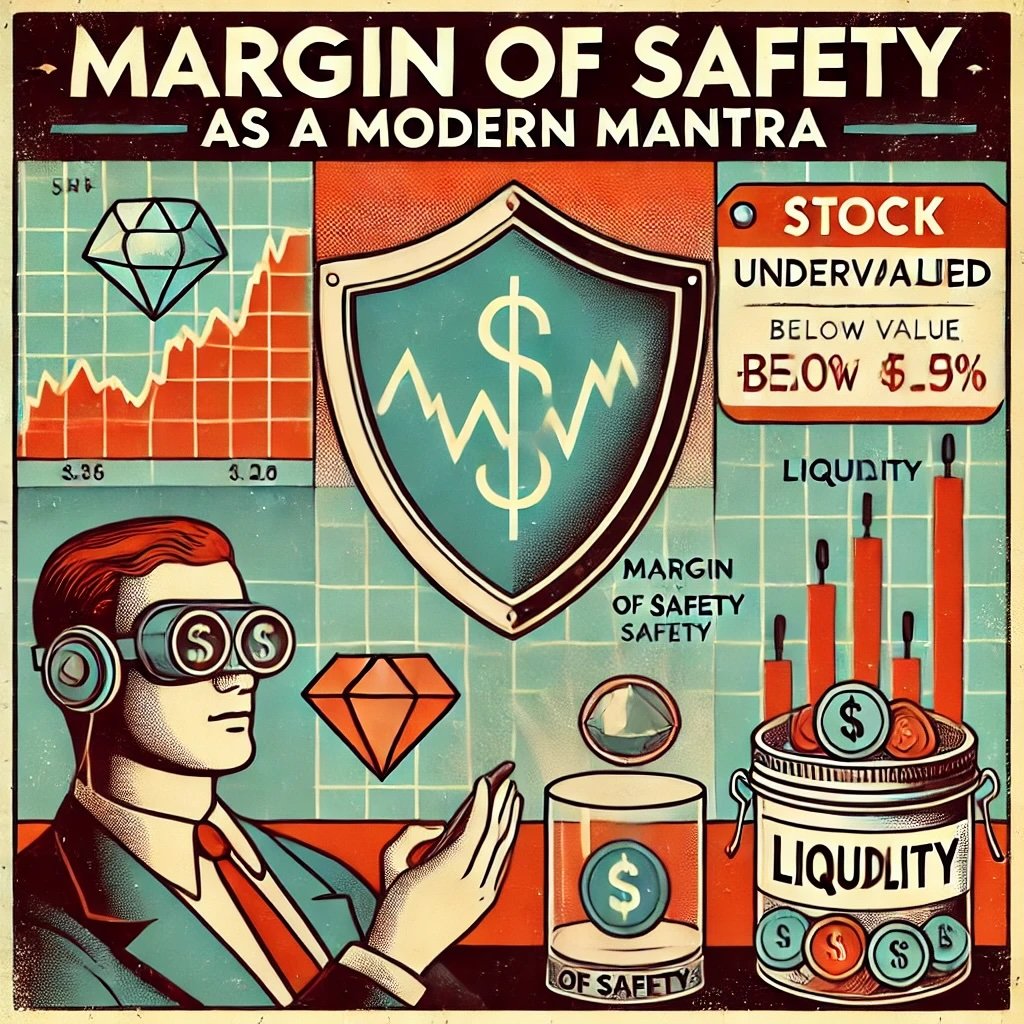 The Margin of Safety as a Modern Mantra featuring a protective shield labeled Margin of Safety over a steady growth stock chart include gem and a price tag marked Below Value