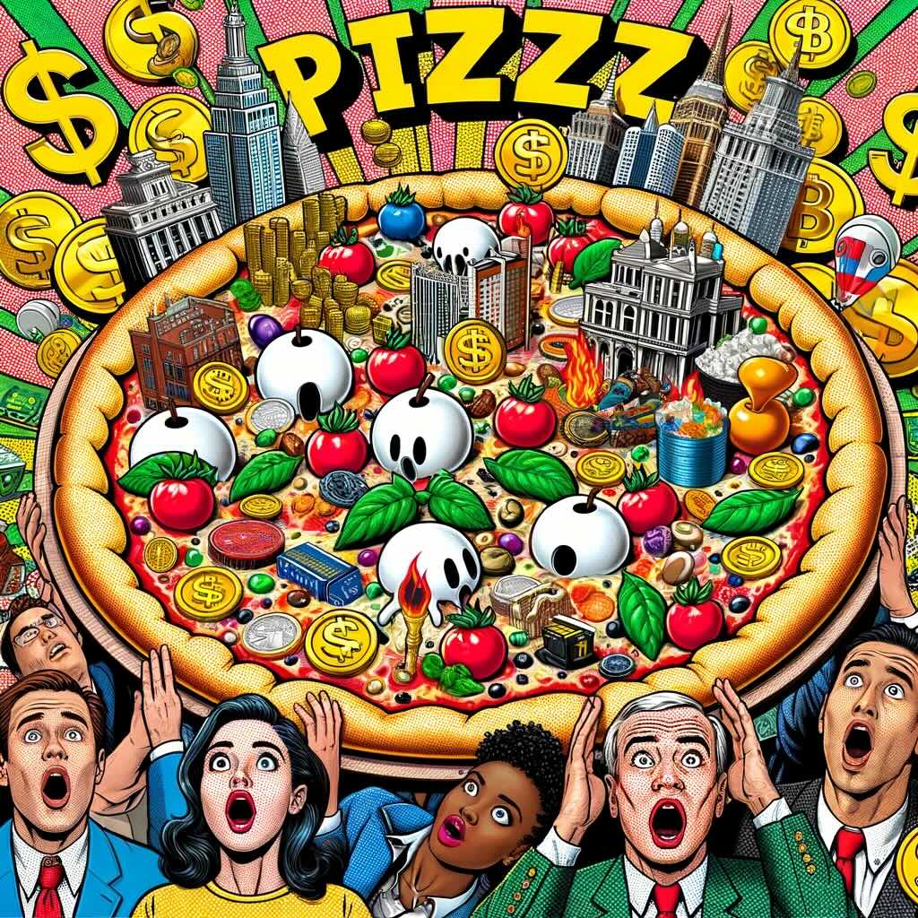 "The Perfect Pizza Portfolio" with a wide variety of toppings symbolizing different types of investments, surrounded by people excited and eager to dive in. The vibrant colors and exaggerated expressions capture the humorous and surreal quality of the concept.