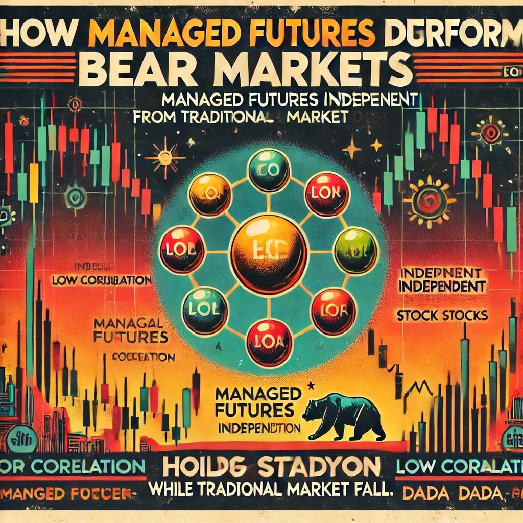 the performance of managed futures during bear markets, showcasing their low correlation with stocks and resilience during market declines