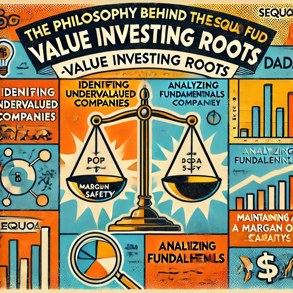 The Philosophy Behind the Sequoia Fund: Value Investing Roots emphasizing key concepts like identifying undervalued companies, analyzing fundamentals, and maintaining a margin of safety