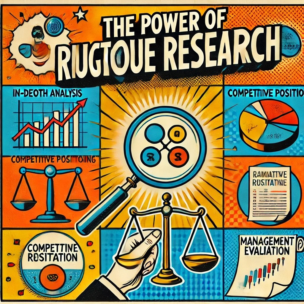 The Power of Rigorous Research highlighting key elements like in-depth analysis, competitive positioning, and management evaluation