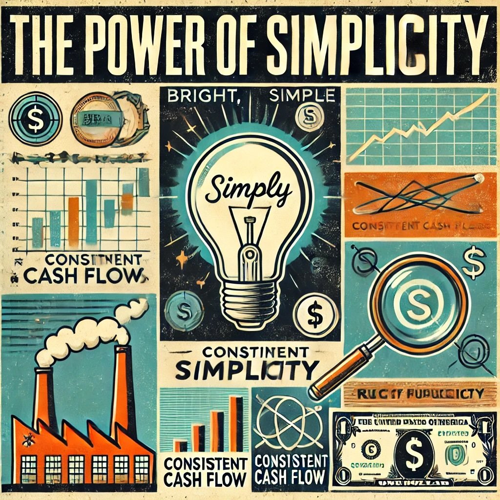 The Power of Simplicity featuring a light bulb symbolizing clear ideas, a magnifying glass over a basic stock chart, and a stack of cash labeled Consistent Cash Flow