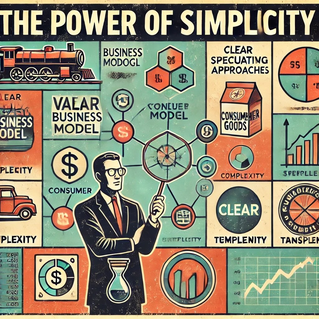 The Power of Simplicity value-driven investment approaches, featuring a figure analyzing a clear business model with icons railroad, a consumer goods package, and a tech symbol