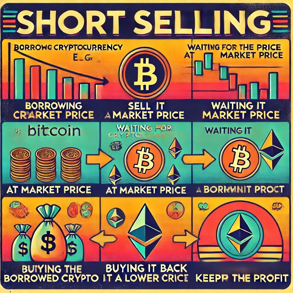 the process of short selling in cryptocurrency, illustrating the borrowing, selling, buying back, and returning steps in a dynamic and visually engaging way. It emphasizes the financial strategy's core mechanics while integrating Bitcoin and Ethereum symbols for context. The retro aesthetic adds an inviting layer of clarity and appeal, making complex financial transactions easier to understand. 