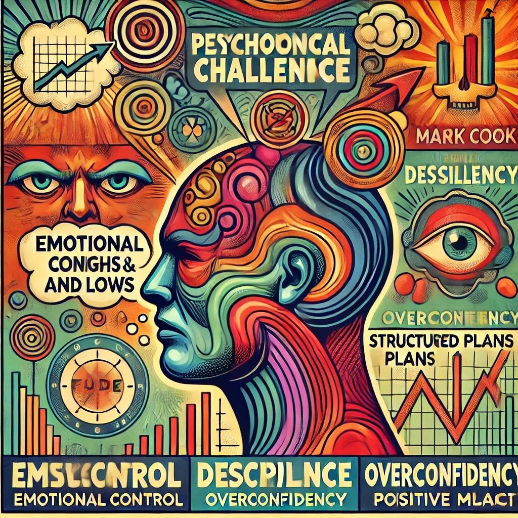 the psychological challenges in trading, inspired by Mark Cook's approach symbolize the balance between emotional control, discipline, and mental resilience needed for successful trading