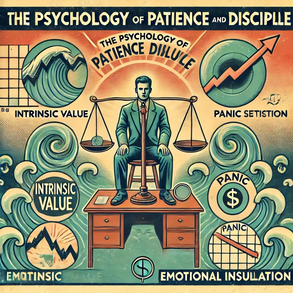 The Psychology of Patience and Discipline sitting at a desk with a scale balancing Intrinsic Value and Market Sentiment icons euphoria (rising stock arrows) and panic (falling graphs)