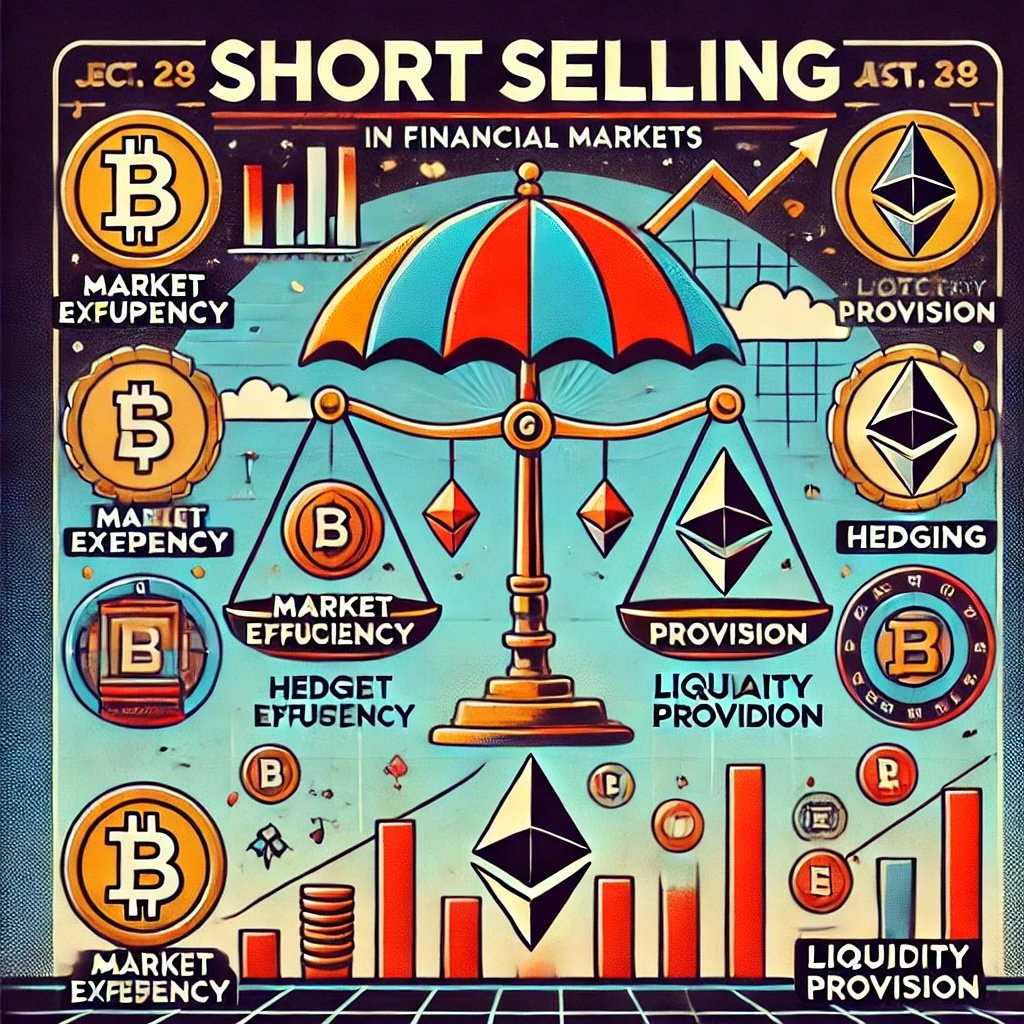 the purpose of short selling in the cryptocurrency market, focusing on its role in enhancing market efficiency, providing hedging opportunities, and ensuring liquidity. Through retro-inspired elements, the design symbolizes key mechanisms like market correction, protection against downturns, and dynamic participation in trading. This helps viewers understand how short selling contributes to the broader ecosystem, particularly in highly volatile crypto markets. 