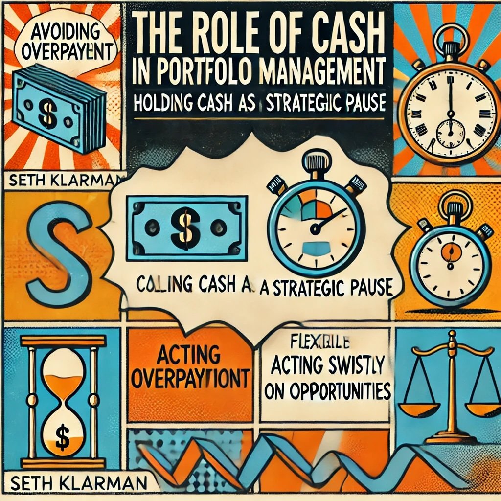 The Role of Cash in Portfolio Management Holding Cash as a Strategic Pause highlighting key ideas like avoiding overpayment, flexibility, and risk mitigation