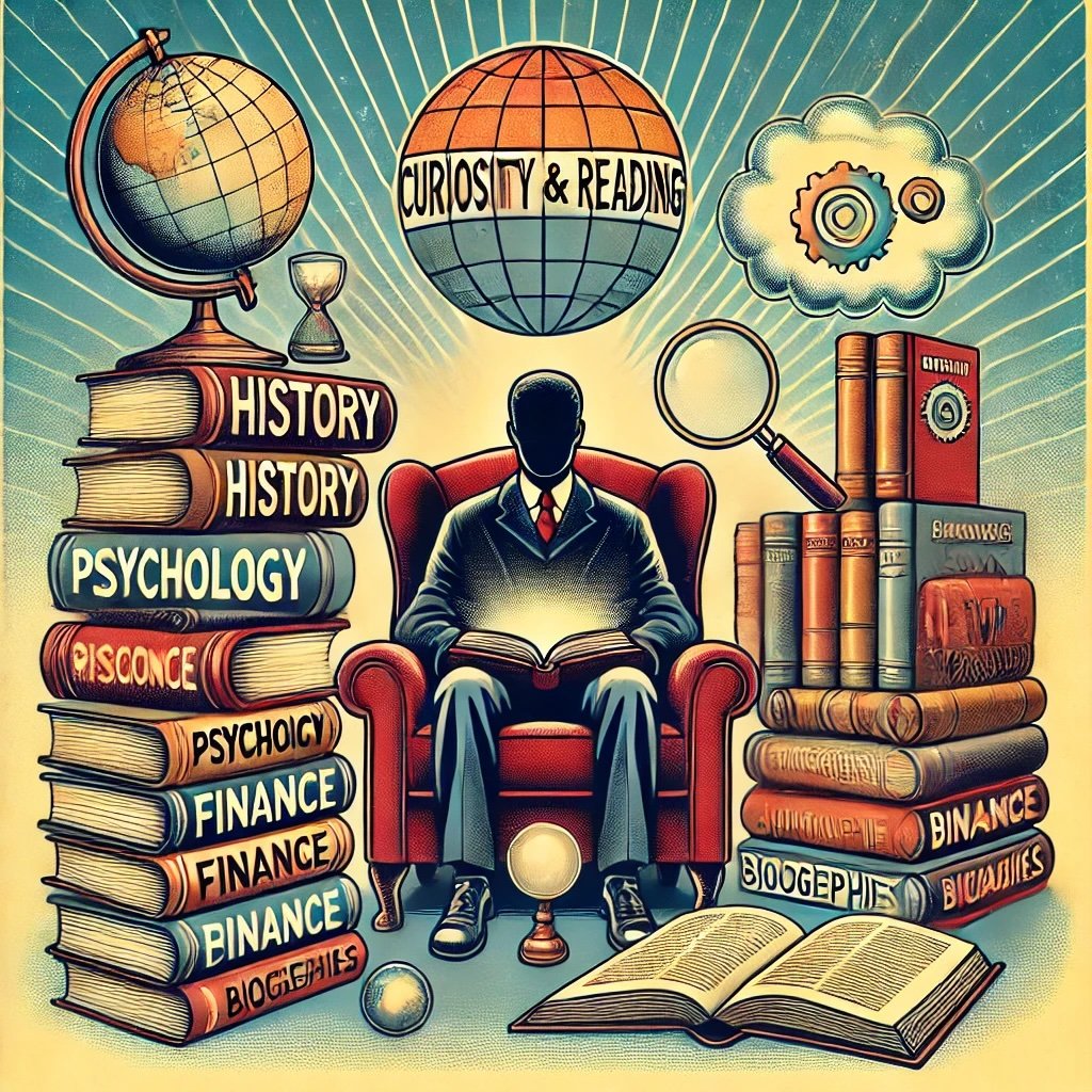 The Role of Curiosity and Reading shows a figure seated in a cozy chair surrounded by stacks of books labeled History, Psychology, Finance and Biographies