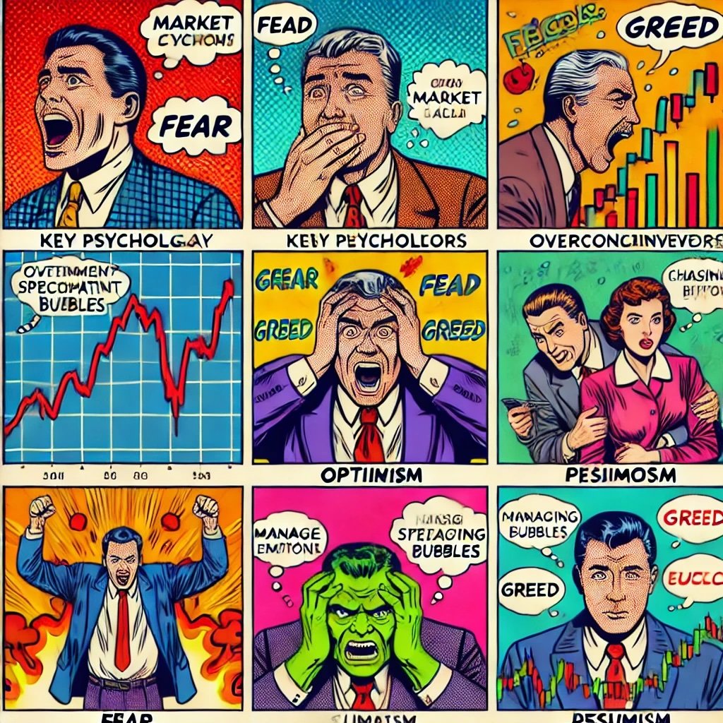 the role of psychology in market cycles, showcasing fear, greed, optimism, and emotional control