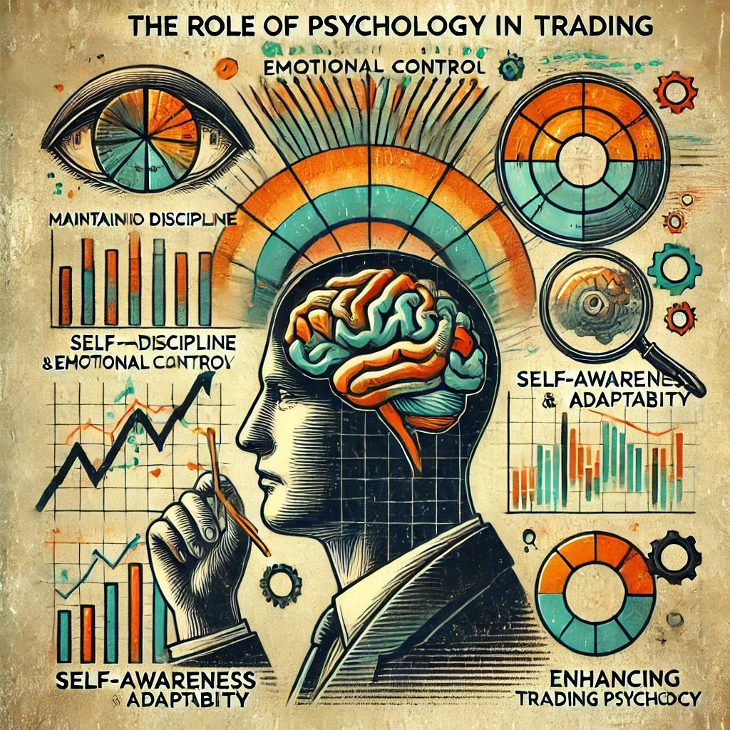 The Role of Psychology in Trading showcasing key concepts like Maintaining Discipline, Emotional Control, Self-Awareness, and Adaptability