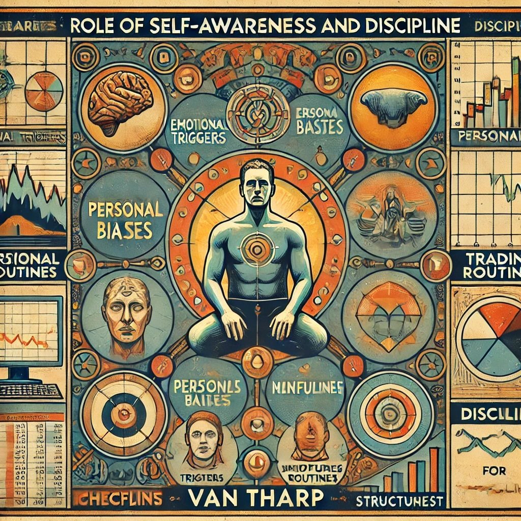 the role of self-awareness and discipline in trading, inspired by Van Tharp like emotional triggers, personal biases, trading routines, and mindfulness emphasize the importance of psychological resilience and discipline in trading success.