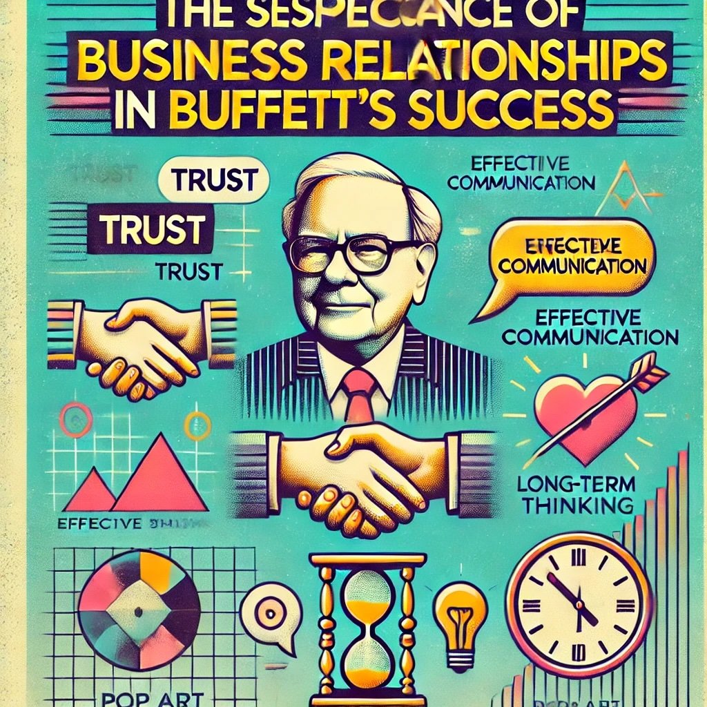 The Significance of Business Relationships in Buffett's Success with icons like a handshake for trust, a speech bubble for effective communication relationship-building strategies