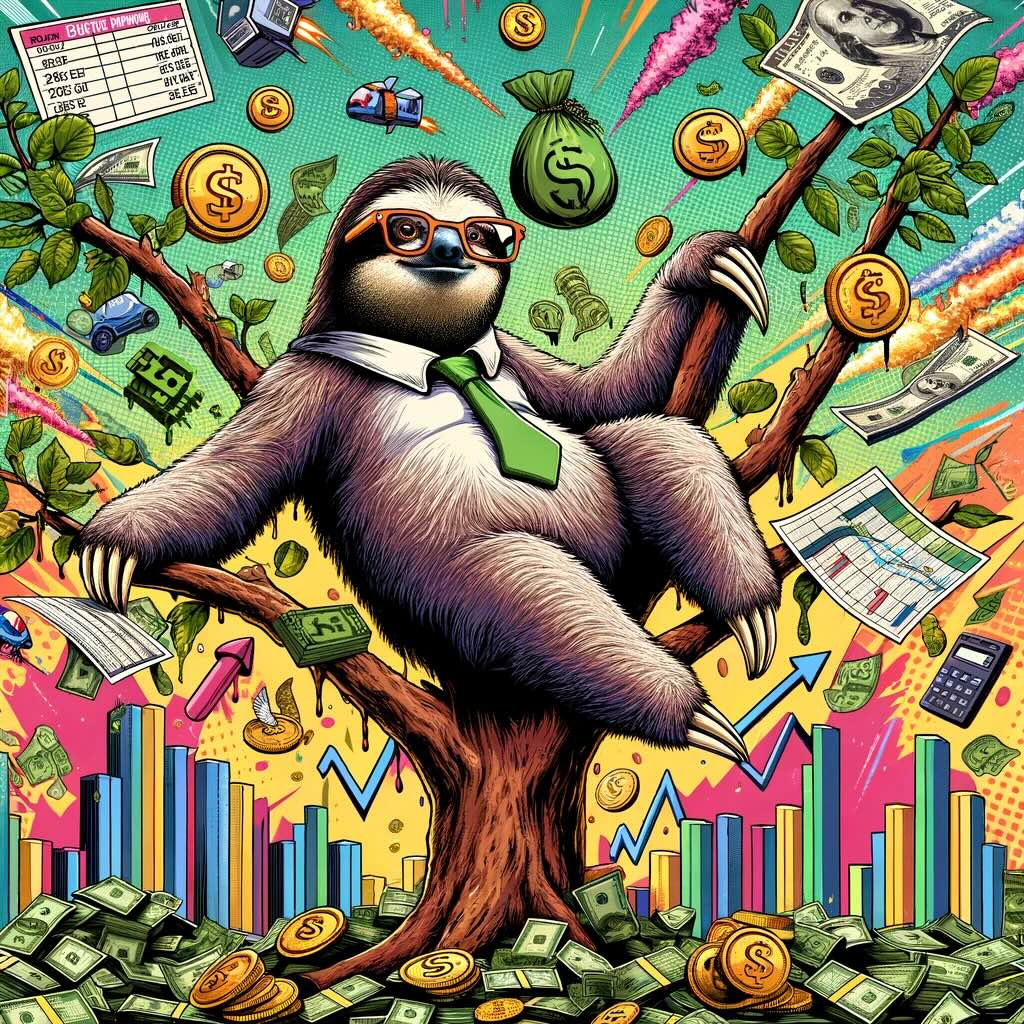 The Sloth Portfolio" image, depicting a sloth as an investor embodying a slow and steady investment strategy, humorously contrasted against the fast-paced financial market backdrop