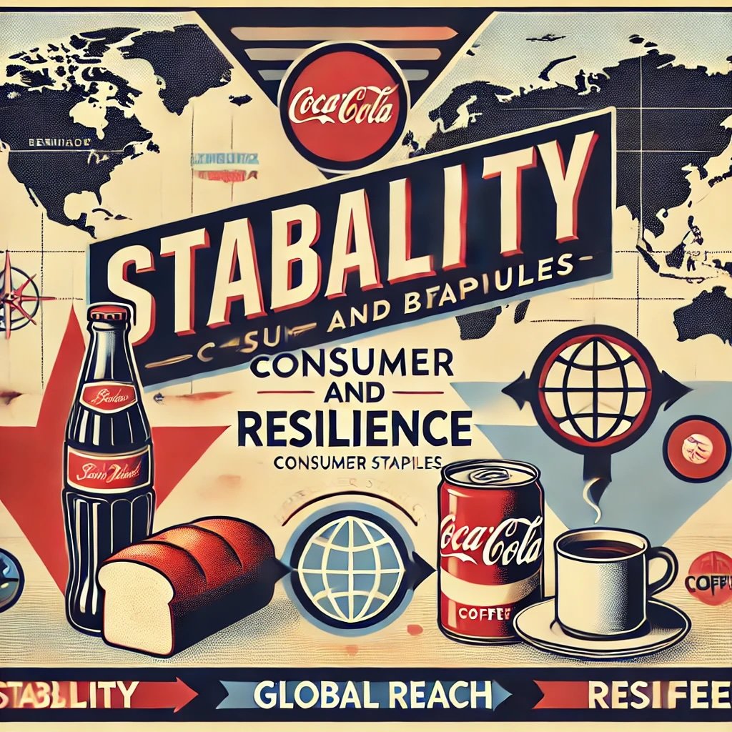 the stability and resilience of consumer staples in the food and beverage sector design uses vintage aesthetics to highlight key elements like iconic staples and global reach