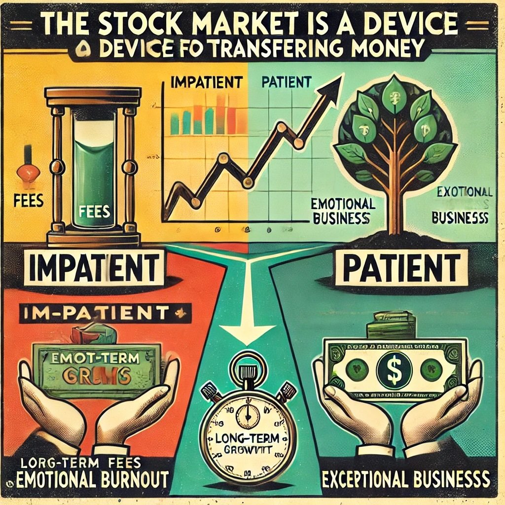 The Stock Market Is a Device for Transferring Money two contrasting pathways: Impatient, leading to fees and emotional burnout, and Patient leading to growing tree symbolizing wealth