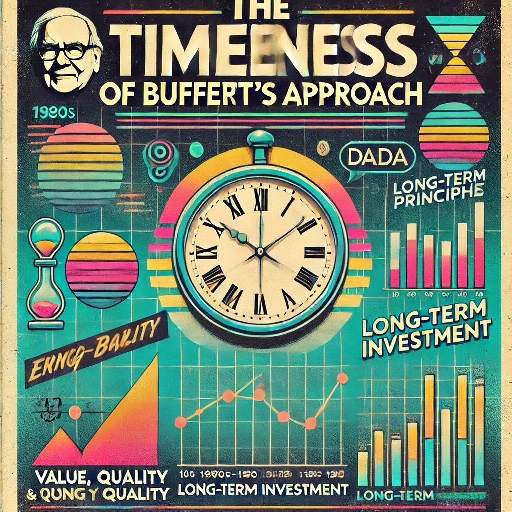 The Timelessness of Buffett's Approach symbols like a clock and a stock market graph to represent enduring investment principles the lasting relevance of Buffett's philosophy