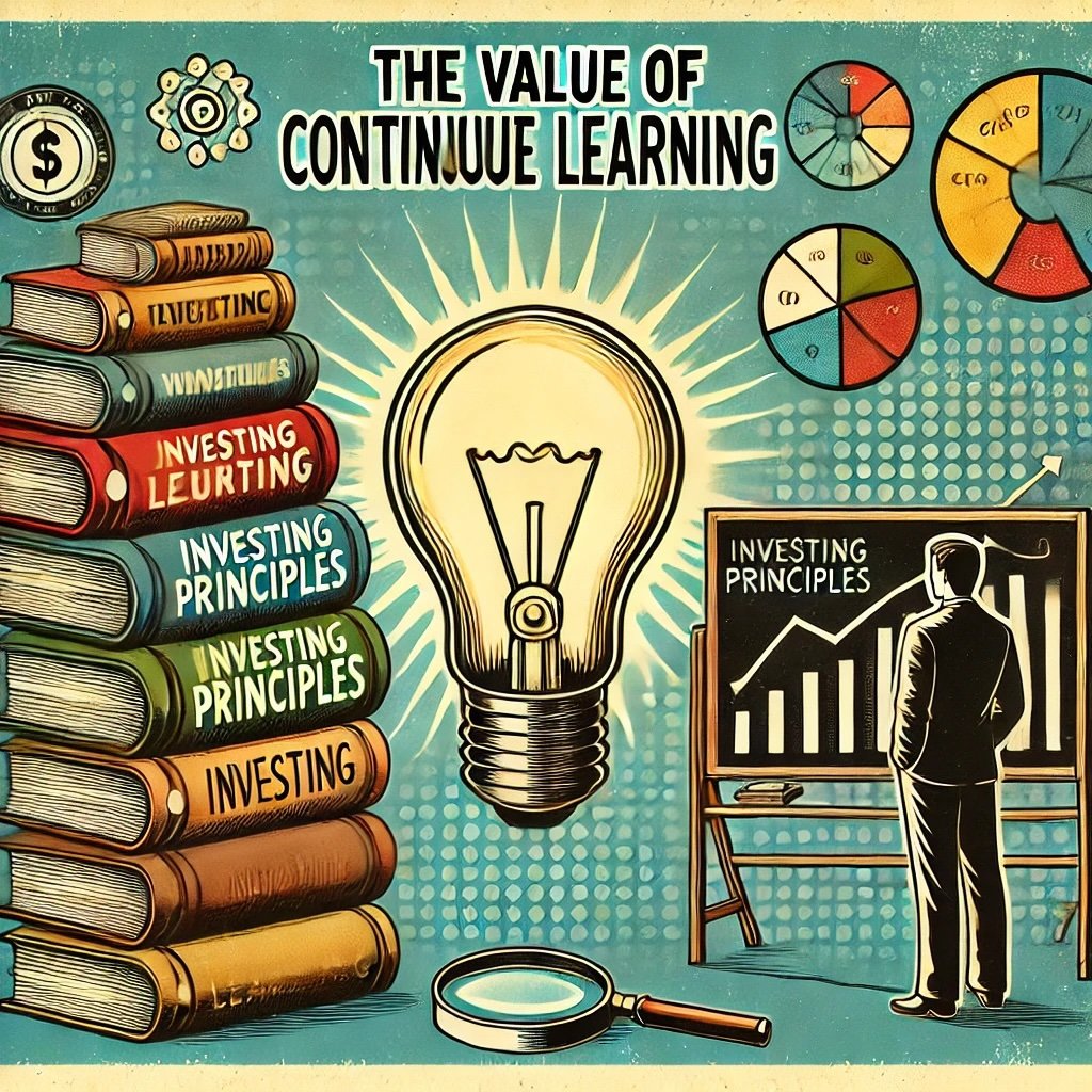 The Value of Continuous Learning depicts stack books labeled Investing Principles glowing light bulb symbolizing new ideas a chalkboard diagrams of growth decision-making