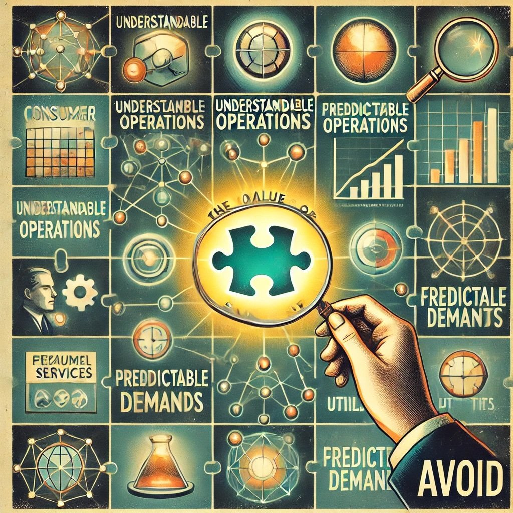 The Value of Simplicity glowing puzzle piece labeled Understandable Operations by icons of stable industries like consumer goods, financial services, and utilities