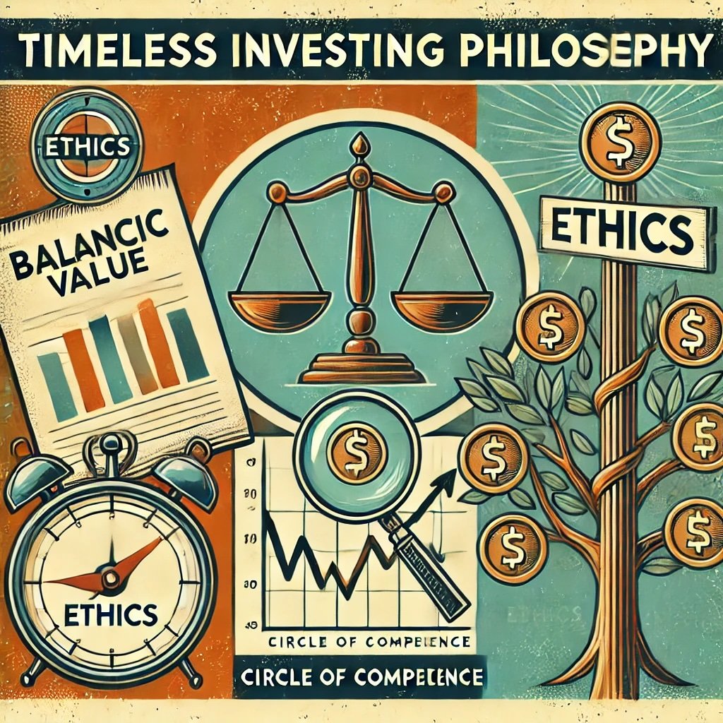 Timeless Investing Philosophy featuring a balance sheet for intrinsic value, a magnifying glass over a stock chart for analysis, and a tree with coins symbolizing long-term growth