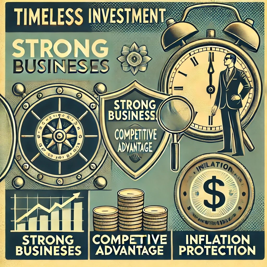 timeless investment principles featuring a figure next to a vault labeled Strong Businesses a magnifying glass focusing on a shield marked Competitive Advantage